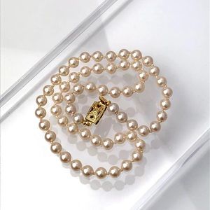 Signed MONET Gold Plated Filigree Clasp Glass Pearl Knotted Strand Necklace VTG